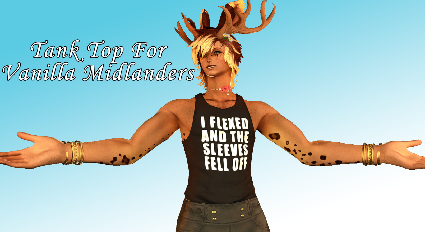 Male Viera wearing a black tank top with the words 'I flexed and the sleeves fell off' printed on the front.